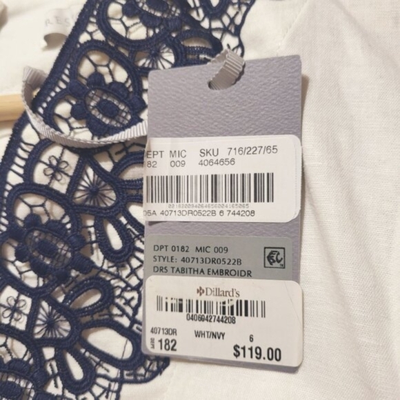 Preston & York Linen Blend Tabitha Embroidery Dress White/Navy Tunic S 6 New - Picture 3 of 7